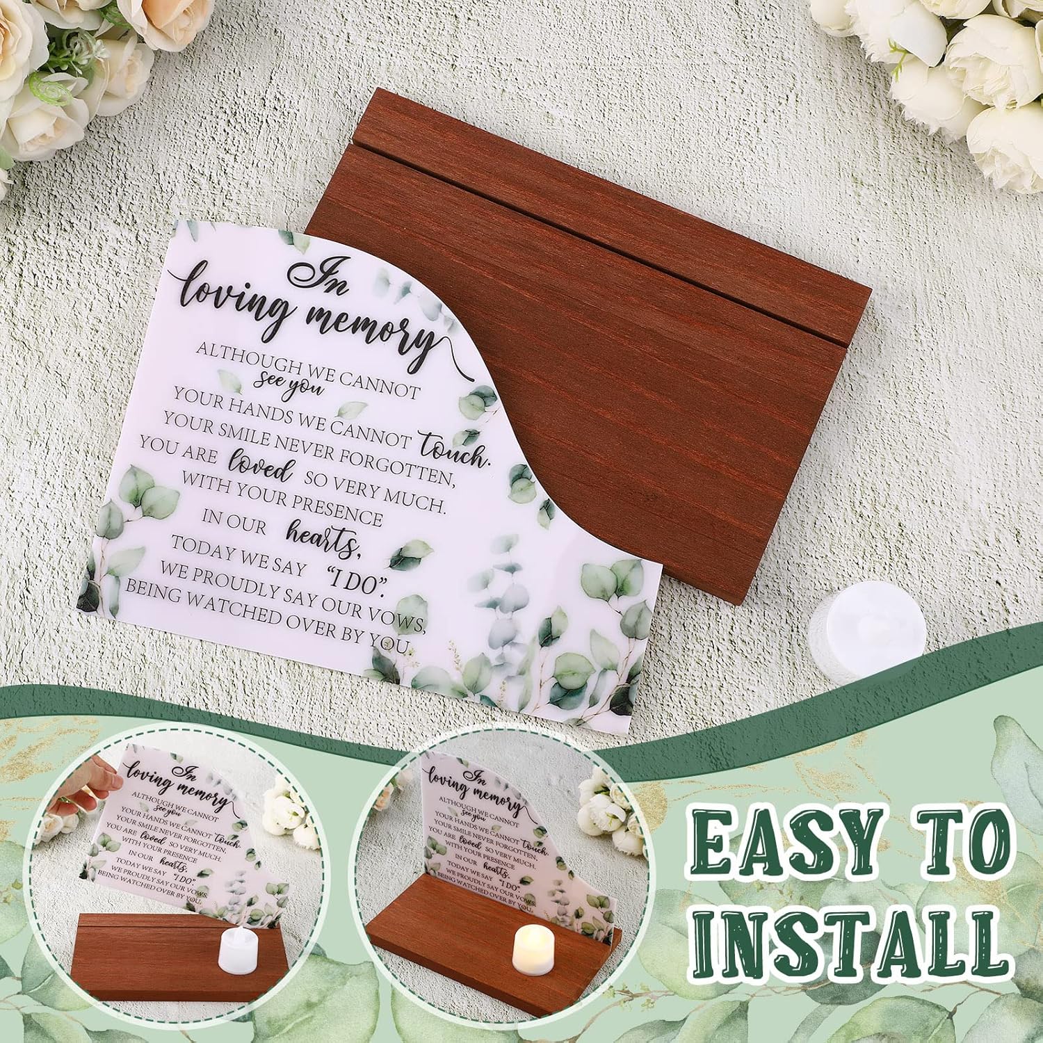 Kigley Memorial Table Sign Set of 3 with Wooden Holder and Candles